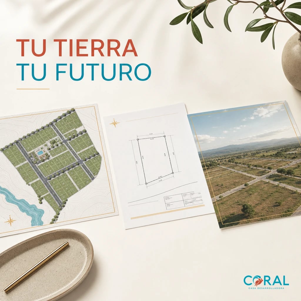 Post de una desarrolladora: “Tu tierra, tu futuro” con planos de un terreno