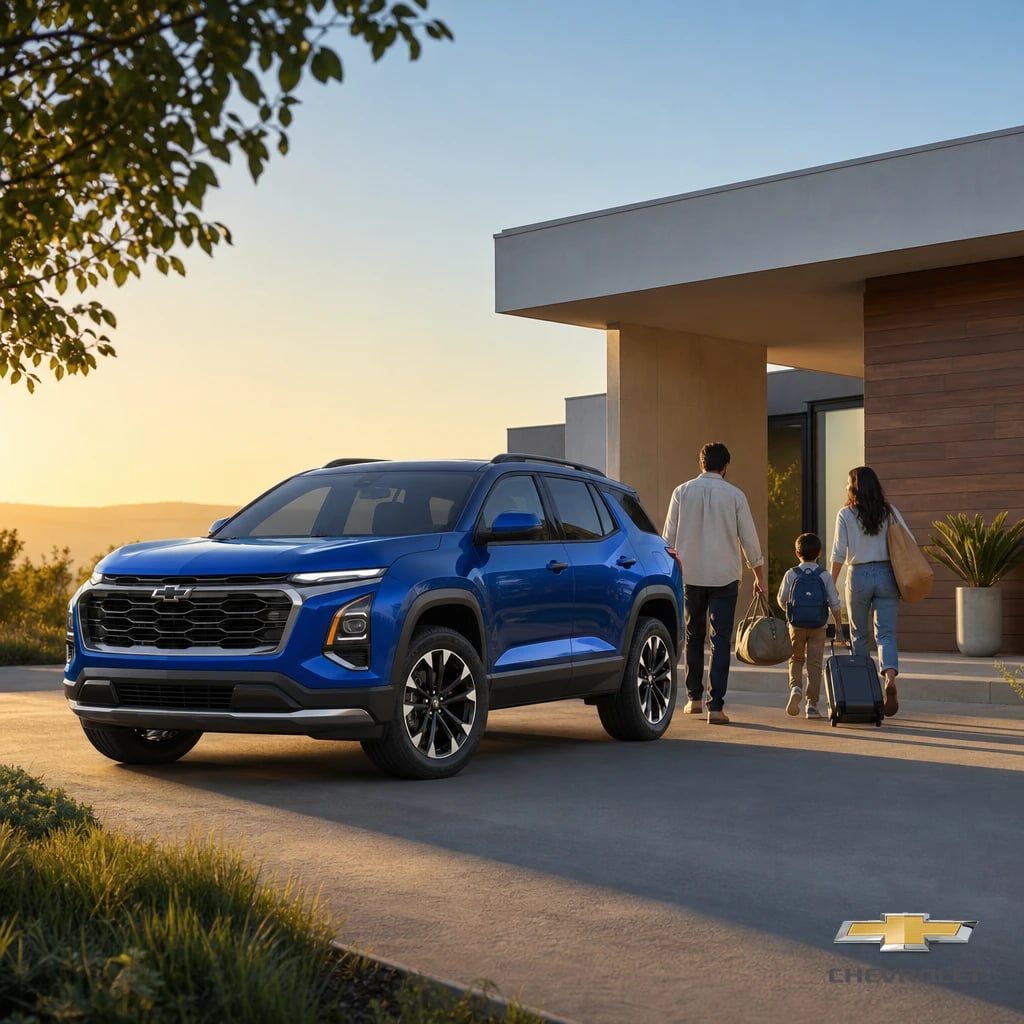 Post de una agencia de autos: camioneta azul frente a una casa