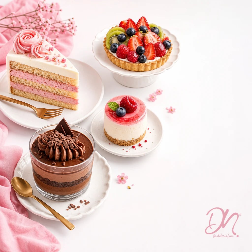 Post de una pastelería: rebanadas de pastel y postres
